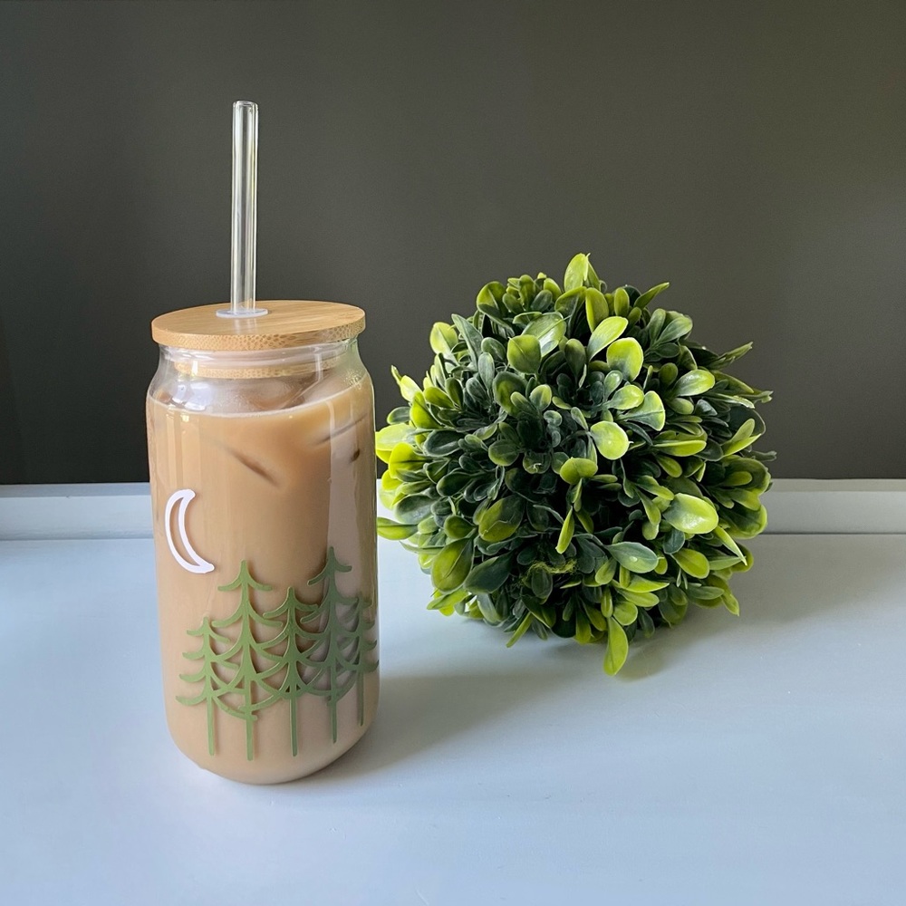 Nature Themed Glass Can Cup With Trees